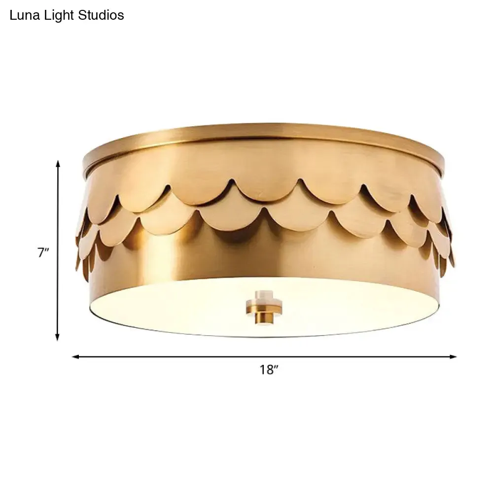 Gold Iron Drum Ceiling Light with LED and Ruffled Edge for Bedroom Mounting