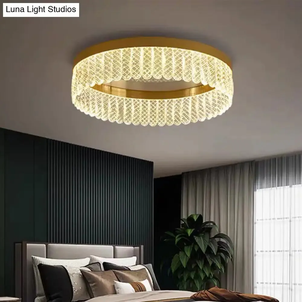 Gold LED Crystal Ring Flush-Mount Fixture for Bedroom
