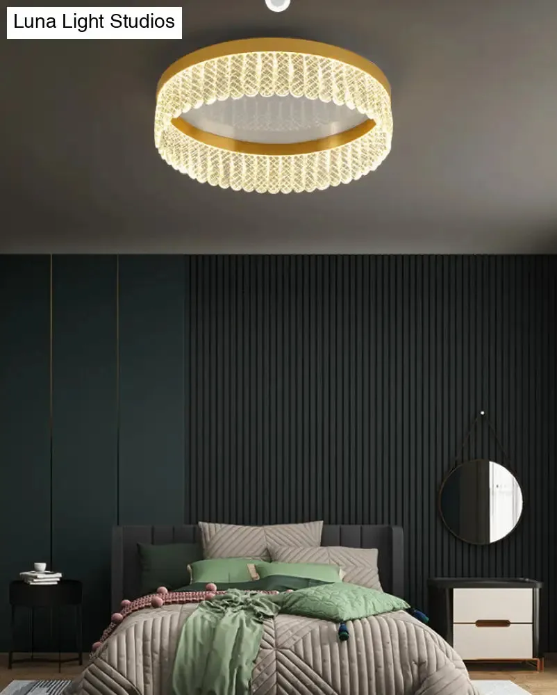 Gold LED Crystal Ring Flush-Mount Fixture for Bedroom