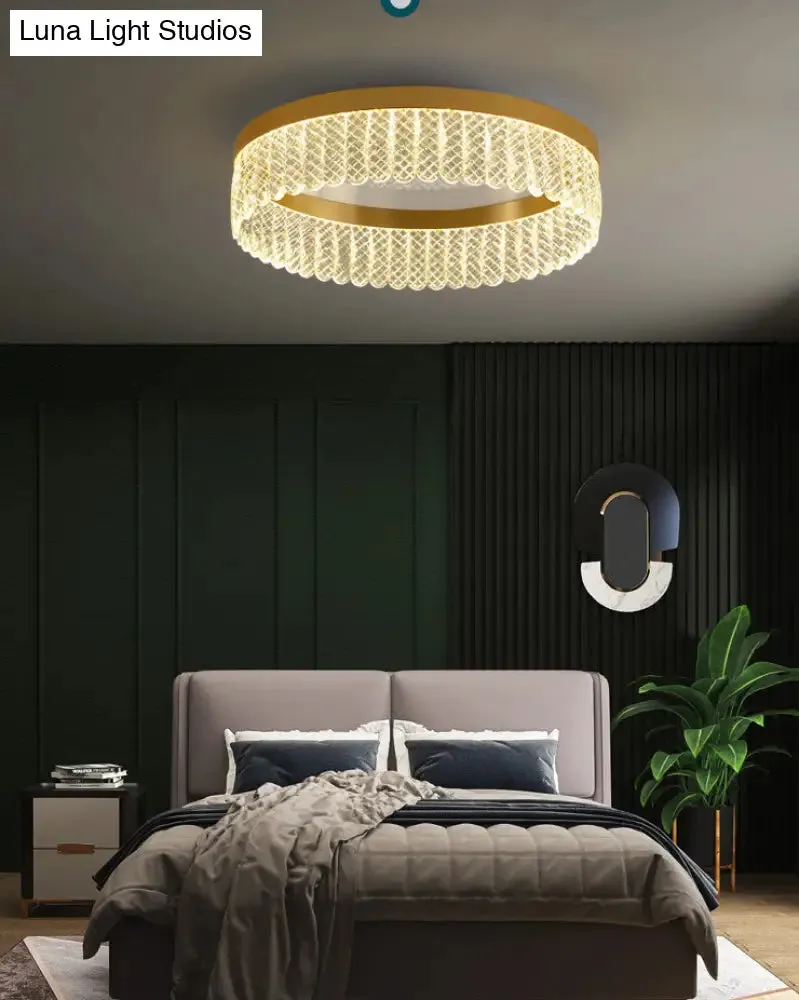 Gold LED Crystal Ring Flush-Mount Fixture for Bedroom