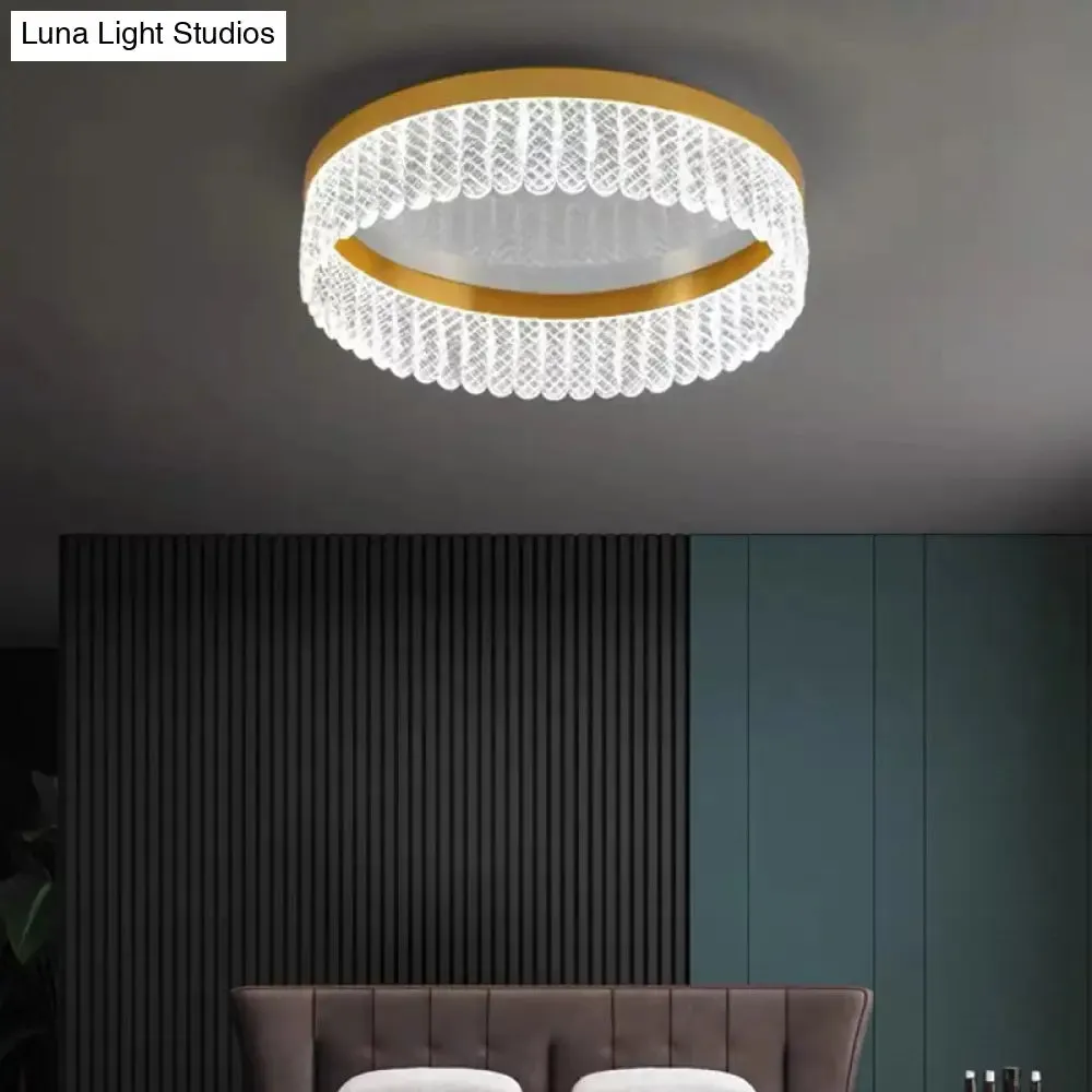 Gold LED Crystal Ring Flush-Mount Fixture for Bedroom