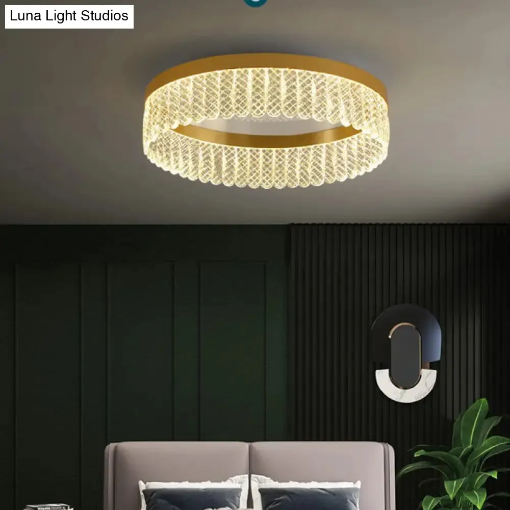Gold LED Crystal Ring Flush-Mount Fixture for Bedroom