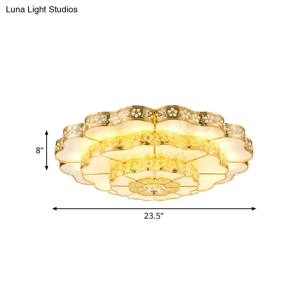 Gold LED Flush Mount Fixture with Crystal Flower Shade - Contemporary Bedroom Ceiling Lamp