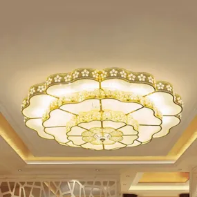 Gold LED Flush Mount Fixture with Crystal Flower Shade - Contemporary Bedroom Ceiling Lamp