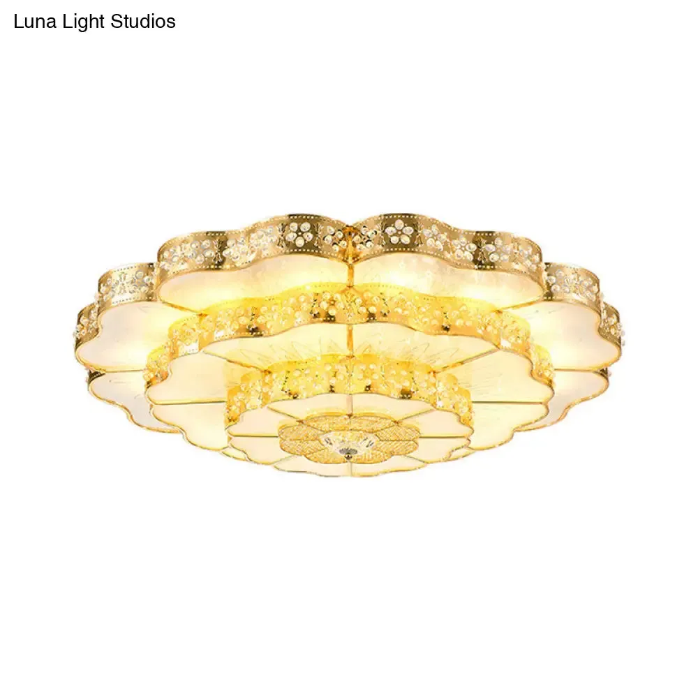 Gold LED Flush Mount Fixture with Crystal Flower Shade - Contemporary Bedroom Ceiling Lamp