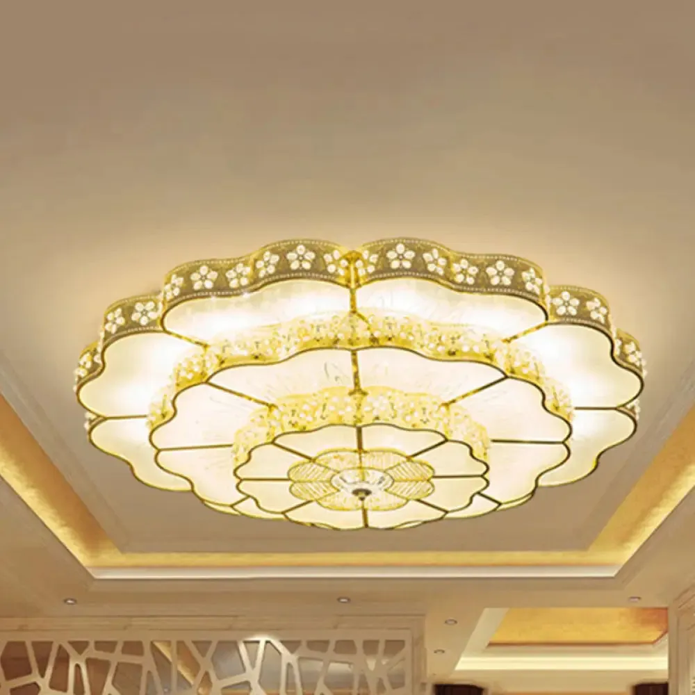 Gold LED Flush Mount Fixture with Crystal Flower Shade - Contemporary Bedroom Ceiling Lamp