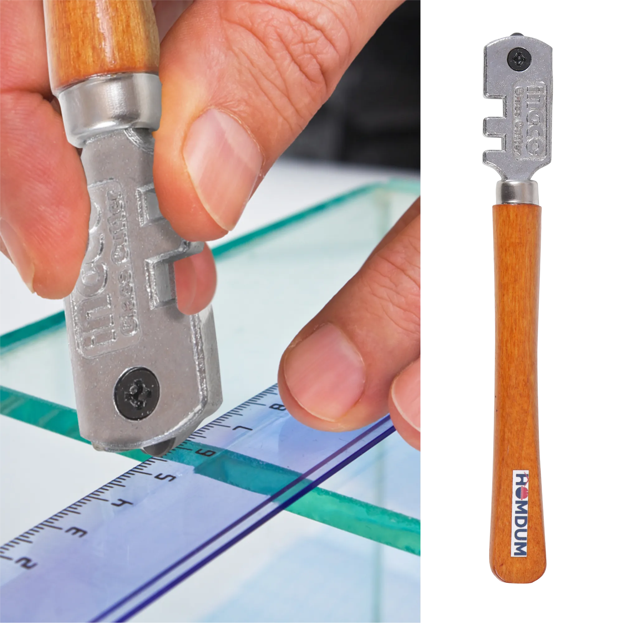 Homdum glass cutter pen INGCO with 6pc Inter-changeable cutting blade wheel efficient Glass Cutting Tool length 130 mm with a wooden handle efficient glass cutting tool