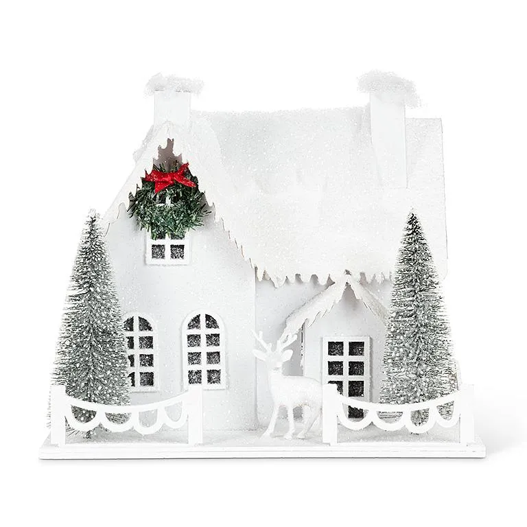 Large Snowy House & Deer with LED