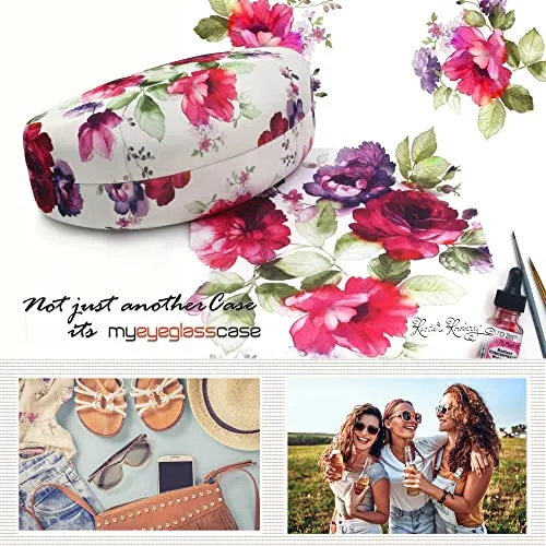 Large Sunglasses Case - Hard Glasses Case with Floral Print | Eyeglass Case for Large to Extra Large Frames comes with Pouch and Cloth By Rachel Rowberry (AS179 Cranberry Rose3)