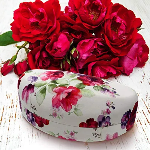 Large Sunglasses Case - Hard Glasses Case with Floral Print | Eyeglass Case for Large to Extra Large Frames comes with Pouch and Cloth By Rachel Rowberry (AS179 Cranberry Rose3)