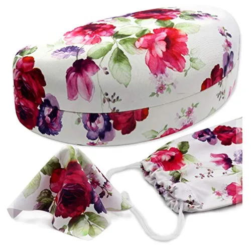 Large Sunglasses Case - Hard Glasses Case with Floral Print | Eyeglass Case for Large to Extra Large Frames comes with Pouch and Cloth By Rachel Rowberry (AS179 Cranberry Rose3)