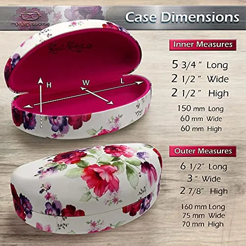 Large Sunglasses Case - Hard Glasses Case with Floral Print | Eyeglass Case for Large to Extra Large Frames comes with Pouch and Cloth By Rachel Rowberry (AS179 Cranberry Rose3)