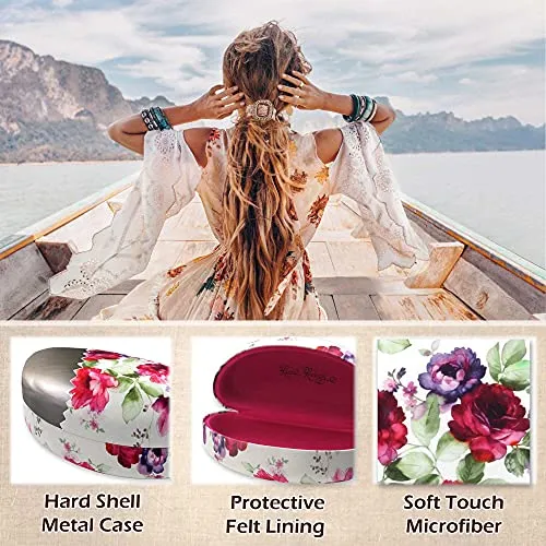 Large Sunglasses Case - Hard Glasses Case with Floral Print | Eyeglass Case for Large to Extra Large Frames comes with Pouch and Cloth By Rachel Rowberry (AS179 Cranberry Rose3)