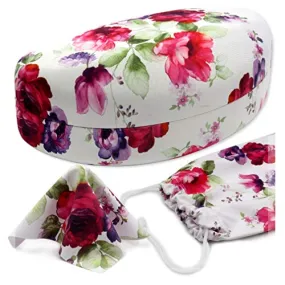 Large Sunglasses Case - Hard Glasses Case with Floral Print | Eyeglass Case for Large to Extra Large Frames comes with Pouch and Cloth By Rachel Rowberry (AS179 Cranberry Rose3)