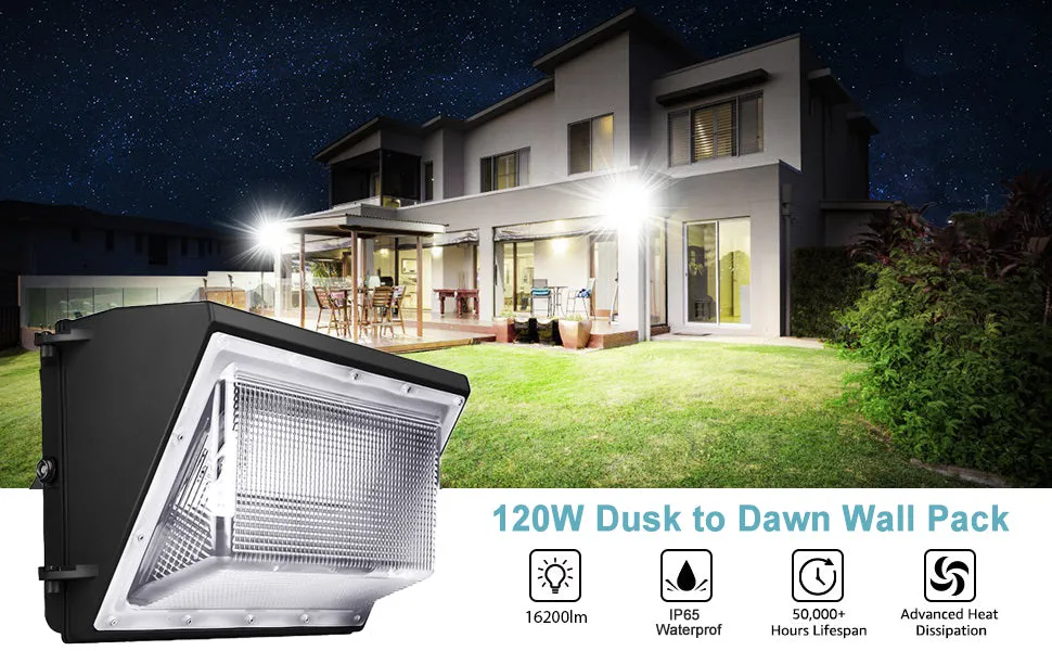 LED Wall Pack Light 120W with Dusk-to-Dawn Sensor 5700K 16300LM, Forward Throw, Waterproof Wall Mount Security Lighting, UL, DLC Premium