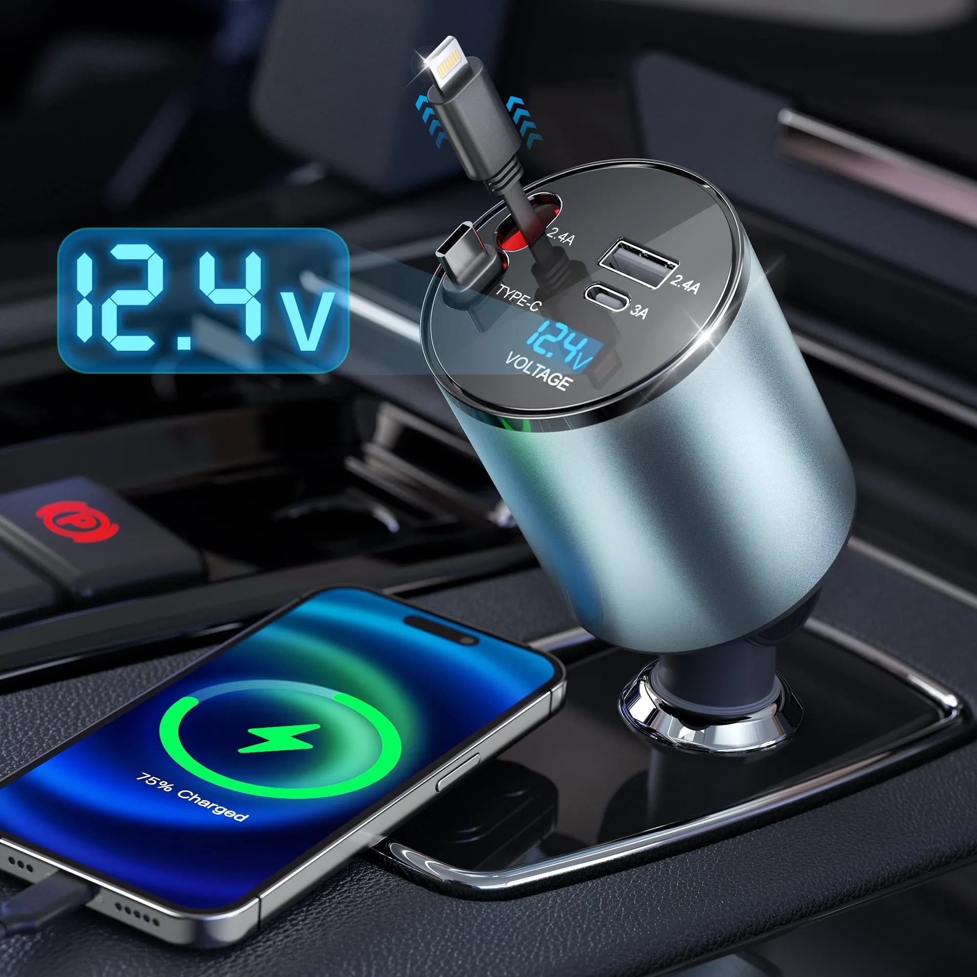 modern 4 in 1 Retractable Car Charger 66W Fast Car Phone Charger with Retractable Cables
