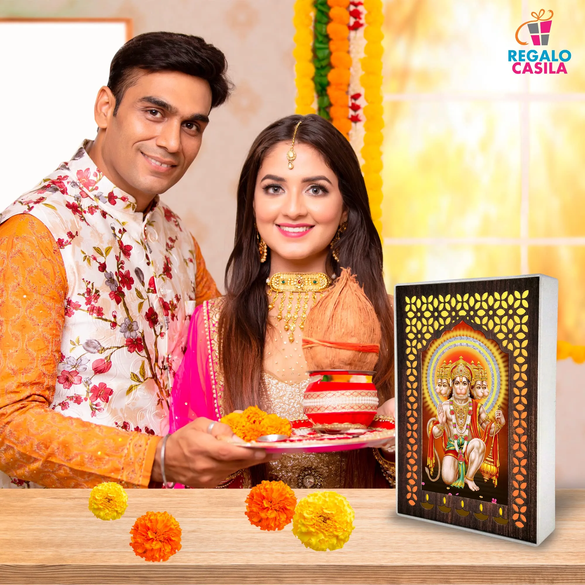Regalo Casila Plastic Regalocasila Pankhmukhi Hanuman Ji Photo Frame With Light Home Decor Pooja Room God Photo With Light Religious Gift 14 X 21 Cm Multicolour