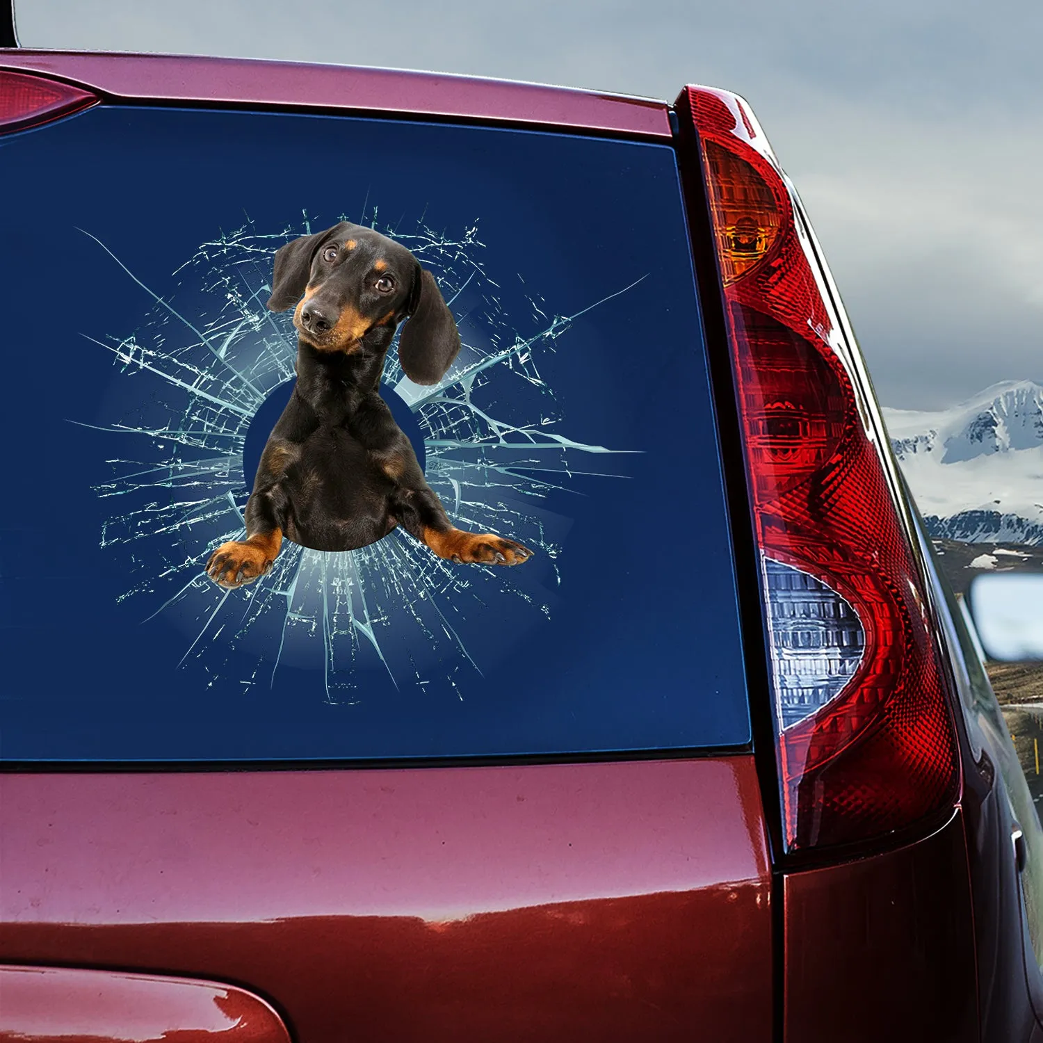 Teesdily | Dachshund Dog Car Sticker Black Dachshund Crack Glasses Printed Decal Funny Car Window Decor