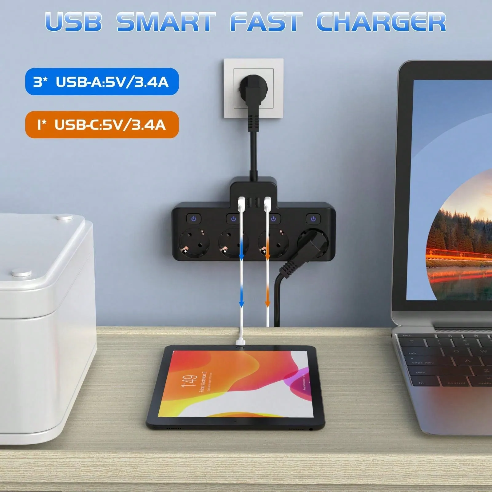 Ultimate 8-in-1 Charging Hub: Fast Power Strip with USB Ports & Individual Controls - Ideal for Home, Travel, and Office Use