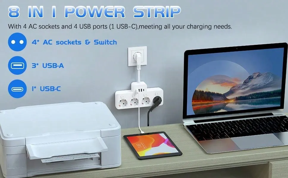 Ultimate 8-in-1 Charging Hub: Fast Power Strip with USB Ports & Individual Controls - Ideal for Home, Travel, and Office Use