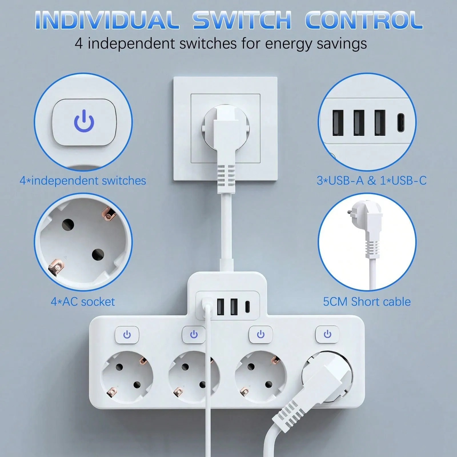 Ultimate 8-in-1 Charging Hub: Fast Power Strip with USB Ports & Individual Controls - Ideal for Home, Travel, and Office Use