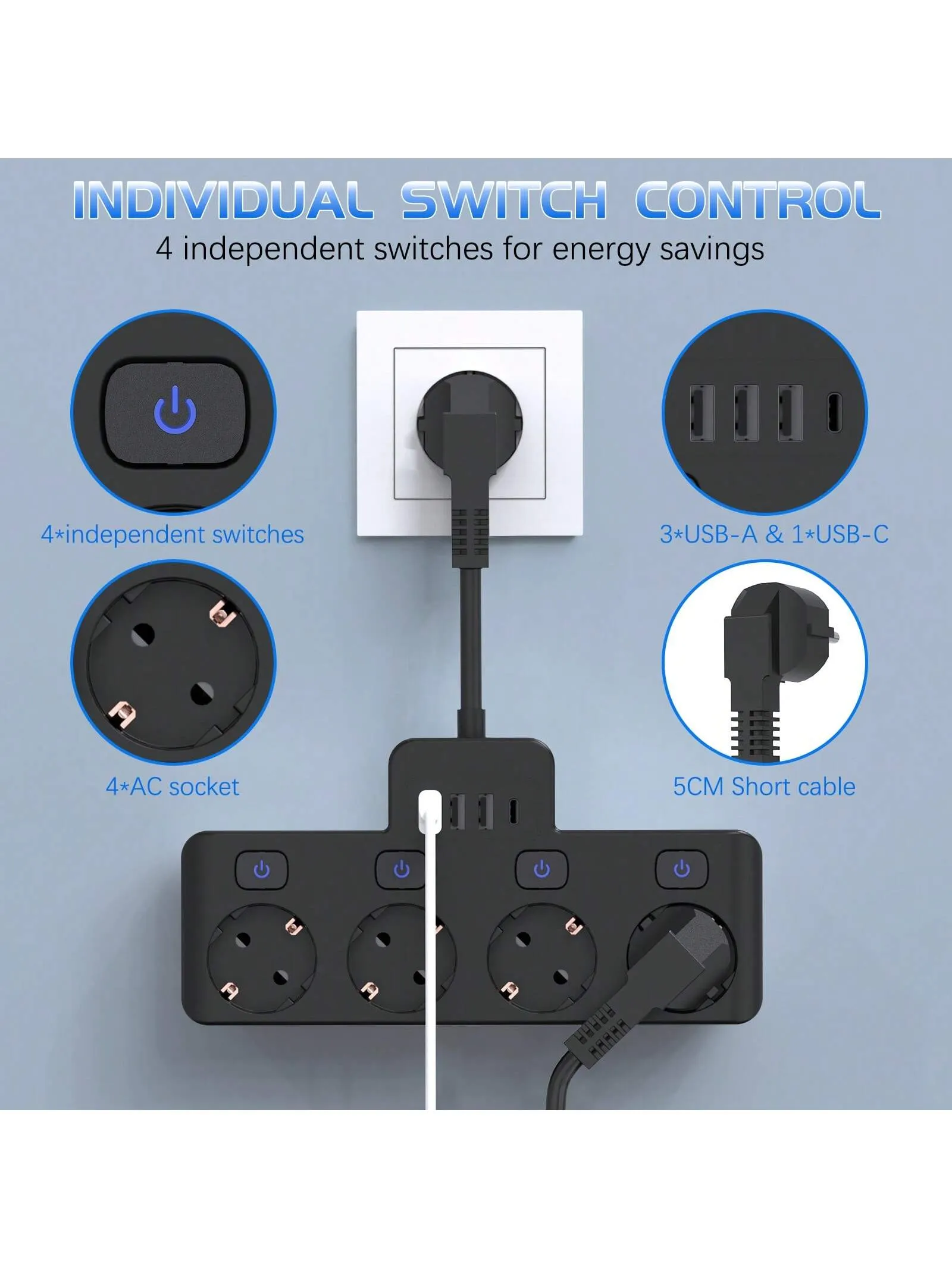 Ultimate 8-in-1 Charging Hub: Fast Power Strip with USB Ports & Individual Controls - Ideal for Home, Travel, and Office Use