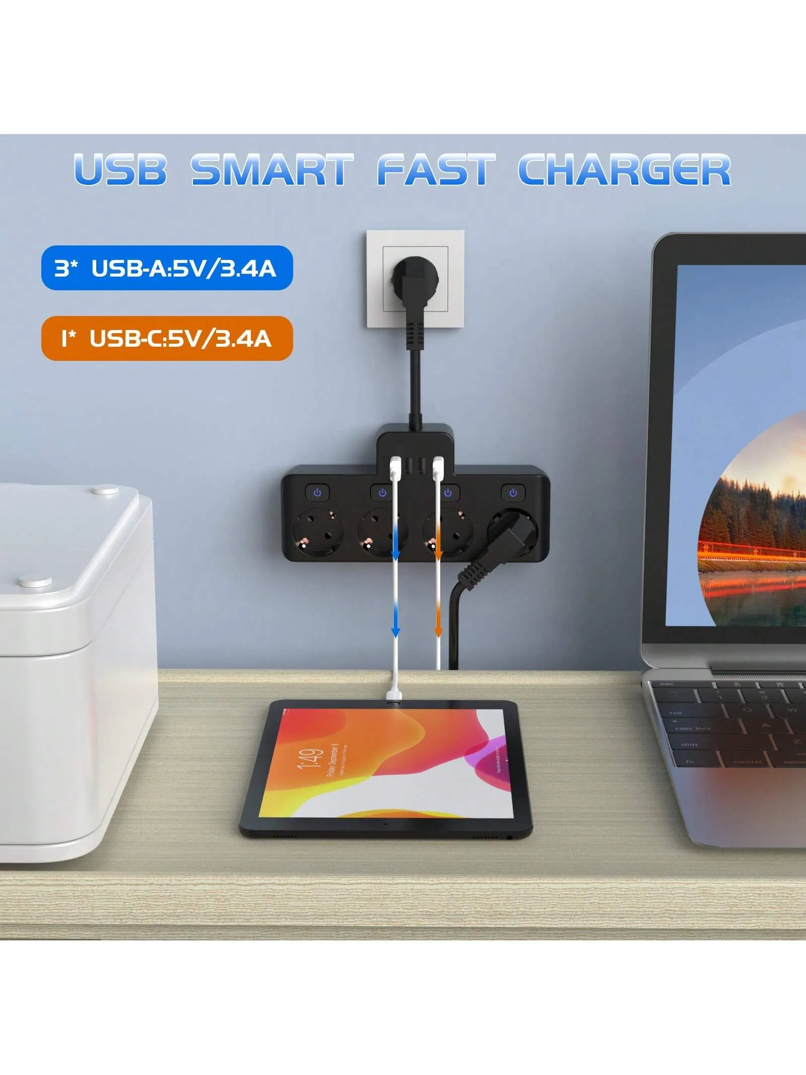 Ultimate 8-in-1 Charging Hub: Fast Power Strip with USB Ports & Individual Controls - Ideal for Home, Travel, and Office Use