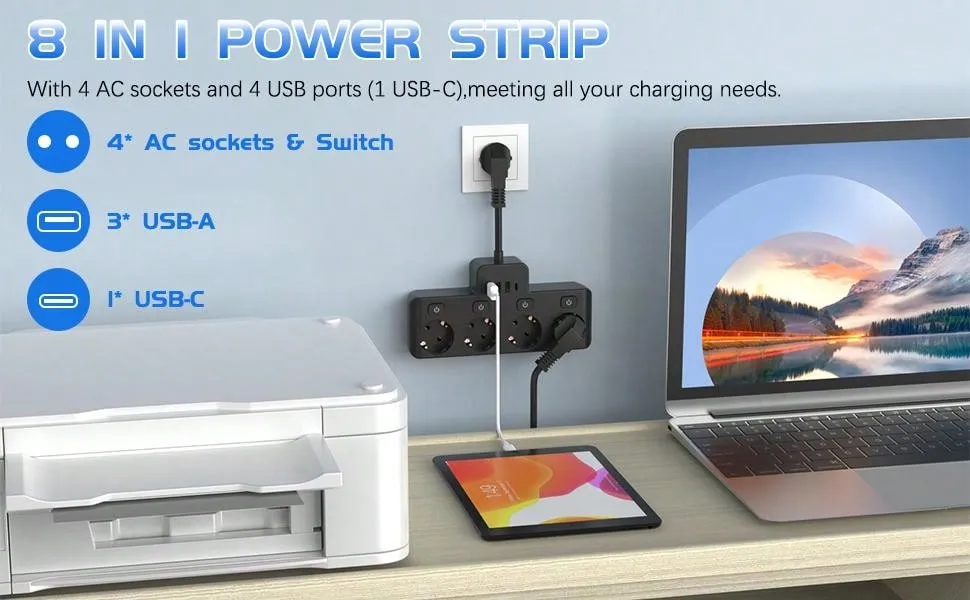 Ultimate 8-in-1 Charging Hub: Fast Power Strip with USB Ports & Individual Controls - Ideal for Home, Travel, and Office Use