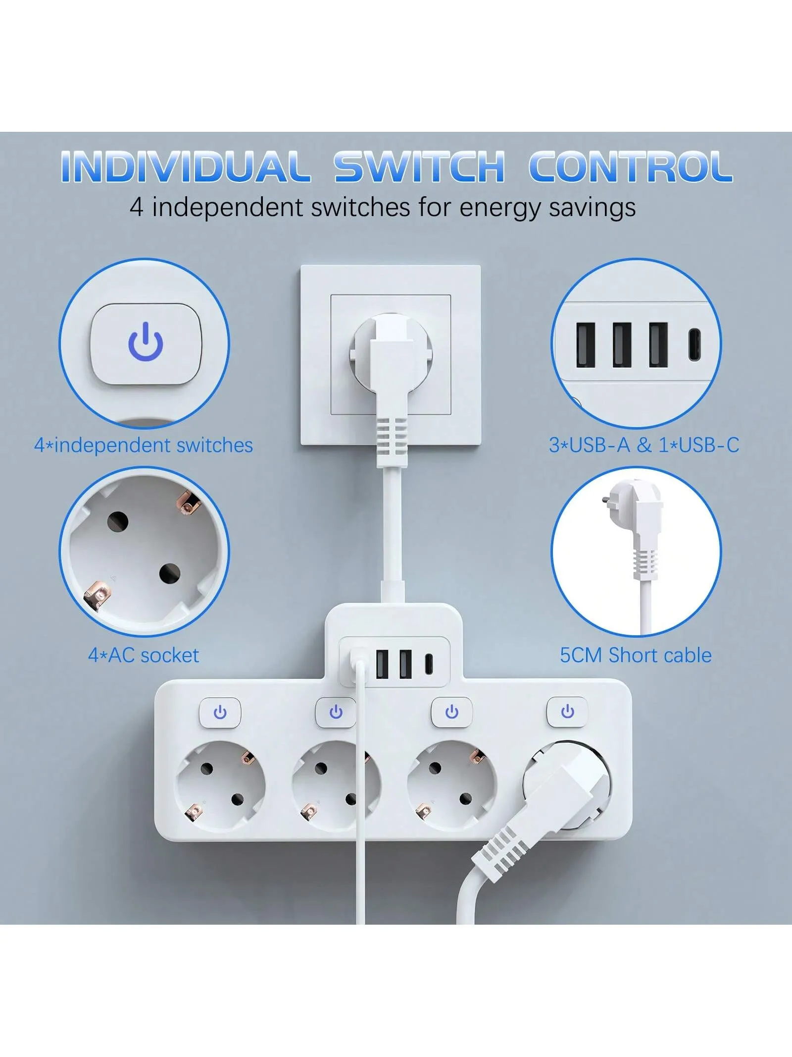 Ultimate 8-in-1 Charging Hub: Fast Power Strip with USB Ports & Individual Controls - Ideal for Home, Travel, and Office Use